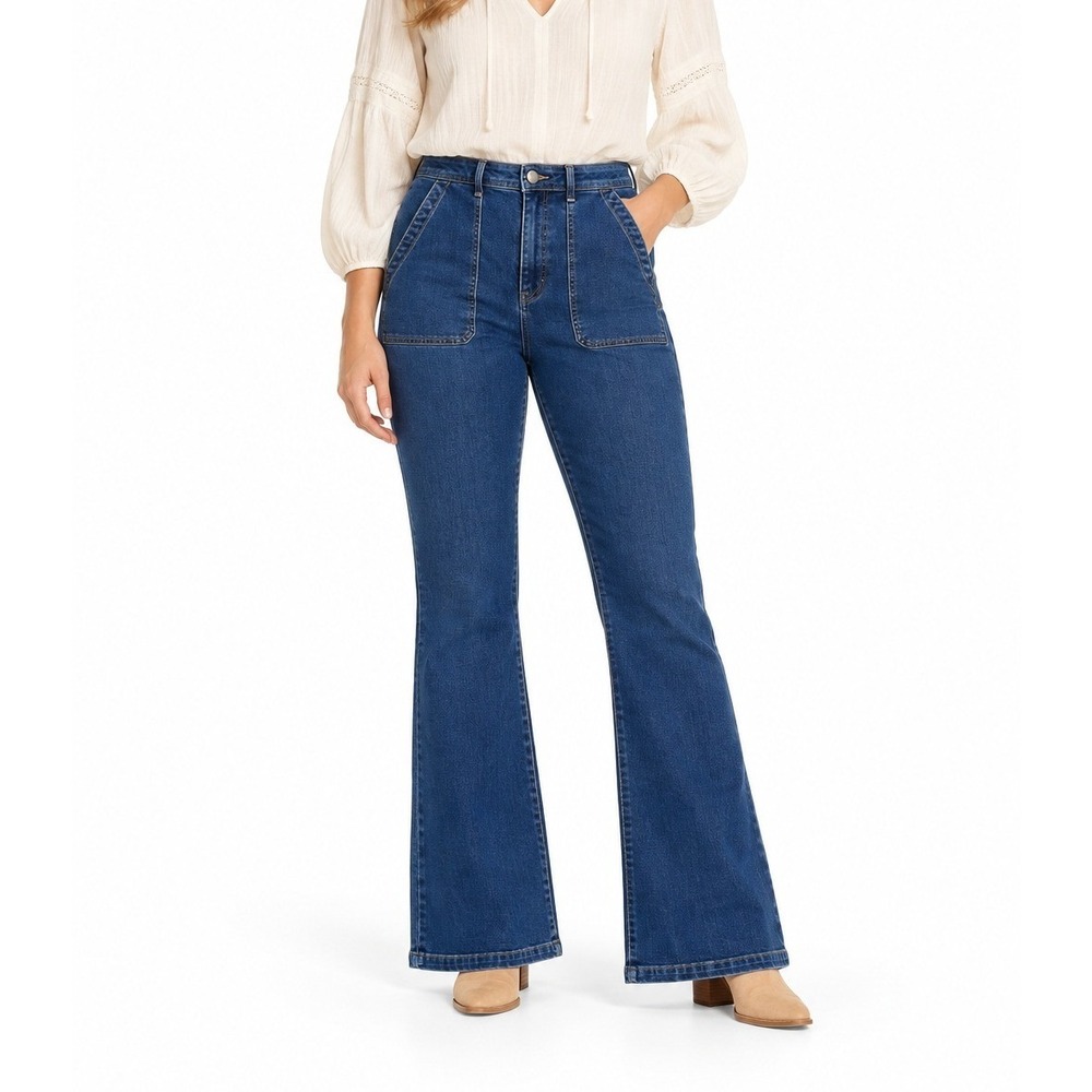 Patch Pocket Flare Jeans 12 Blue High Rise Stretch Denim 70s Boho Retro Y2K